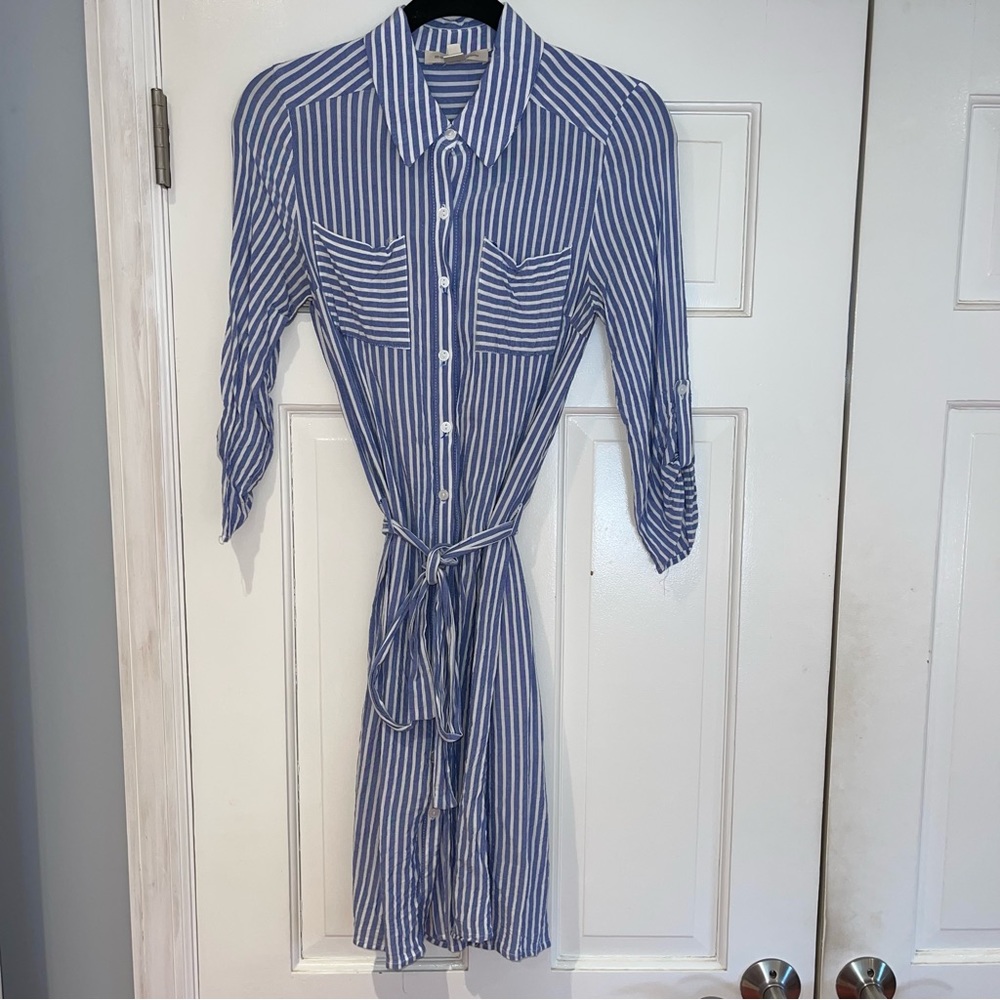 Blue and white striped dress